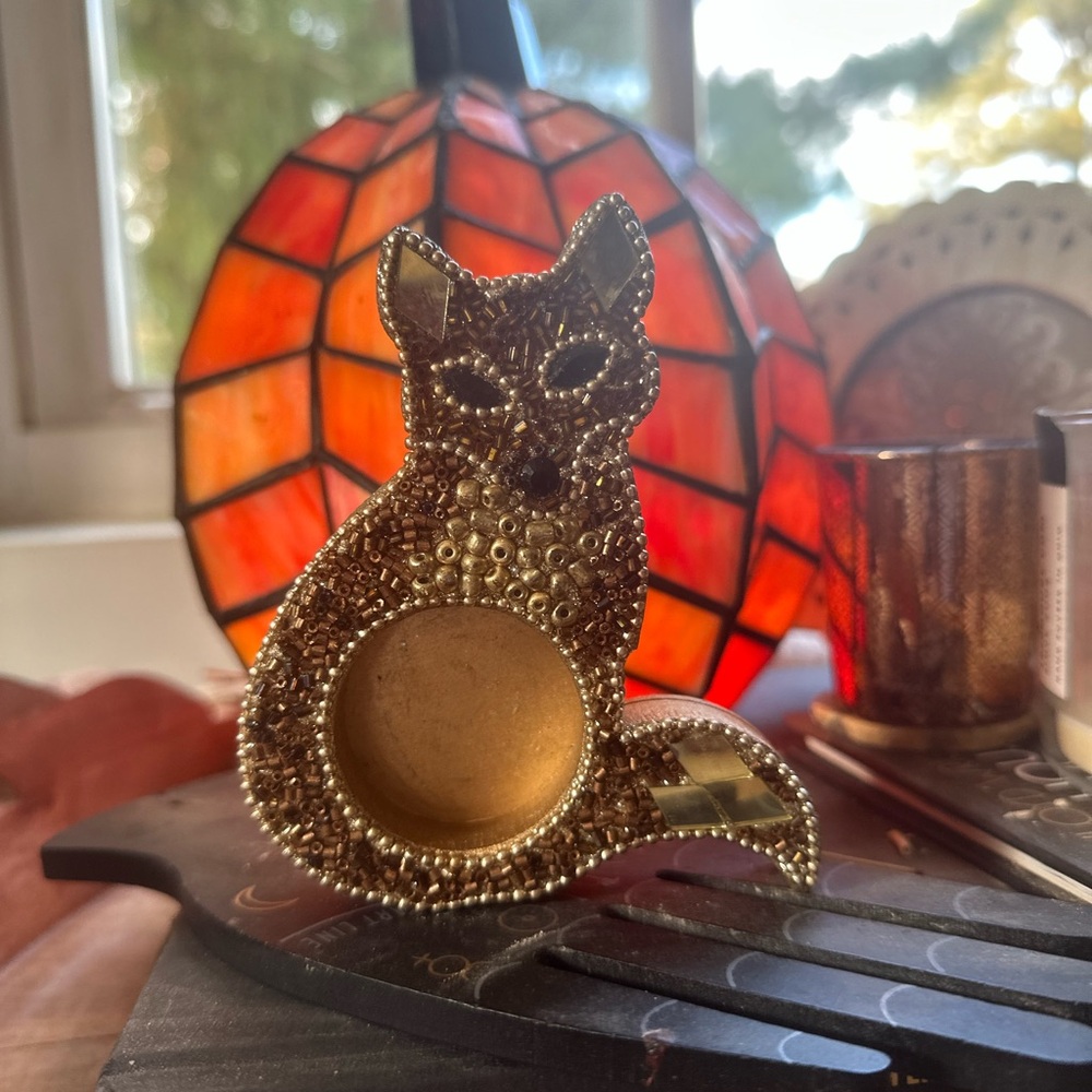 Pier 1 Gold Beaded Fox Candle Holder